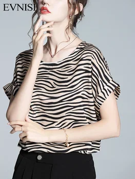 EVNISI Vintahe Zebra Stripe Tops Mulheres de Seda Frouxa de Verão Casual Manga Curta Blusa Camisa das Senhoras Streetwear Blusas Mujer 2022