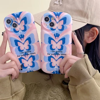 Bonito Ins coreano Gostosão cor-de-Rosa Borboleta Azul Telefone de Caso Para o iPhone X XR XS 11 12 13 14 Pro Max Almofada de Ar, Tampa de Proteção