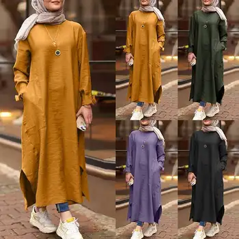 As mulheres Muçulmanas Vestido com bolso Manga Longa O-pescoço Abaya Dubai Árabe Kaftan Hijab Vestidos sólido eid Roupas Manto Femme Musulmane