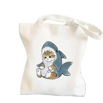Catshark De Compras Dobrável Juta Bolsa Shopping Bag Bolsa De Senhoras Reutilizáveis Eco Bag Duplo Simples De Moda Ombro Saco Branco Saco De Lona