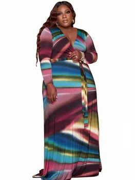 Tamanho Grande Africana Vestidos Para Mulheres Vestes Africanas Roupas De Outono Novo Resumo De Impressão Decote Em V Moda De Manga Comprida Maxi Vestido Longo 