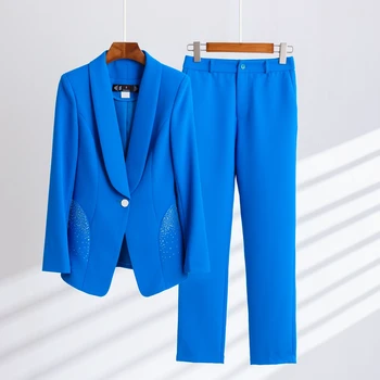 2022 Outono Formal Senhoras Blazer Azul Mulheres Ternos de Negócio com Conjuntos de roupas de Trabalho do Office Grande Uniforme de Tamanho de Calças Casaco de Primavera