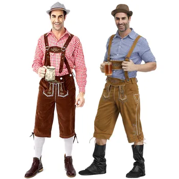 Homens Oktoberfest de Fantasias de Carnaval da Cerveja Lederhosen da Baviera alemã Adultos Festa Cosplay Geral Camisa Roupa Chapéu