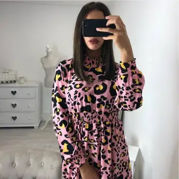 SKMY 2021 Moda das Mulheres de Verão Chiffon Stand Colarinho Leopard Print Vestido de Bolinhas de Manga Longa Mini Vestido de Festa Sexy Clubwear