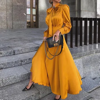 Vestidos elegantes Roupas Elegantes para Mulheres de Moda Outono de Manga Longa de Cetim Vestido Amarelo Chic vestido Maxi Pendulares Temperamento Vestido