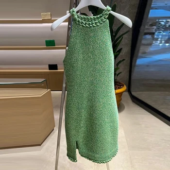 Verde sem mangas vestido feminino de verão 2022 celebridade estilo nicho sexy fina fenda vintage Bainha vestido feminino