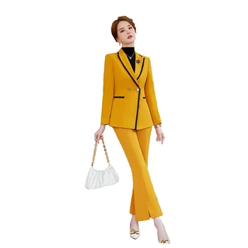 Amarelo Se Adapte Às Mulheres 2023 Novo Outono A Moda High-End Profissional Temperamento Slim Blazer E Calças Flare Senhoras Vestuário De Trabalho