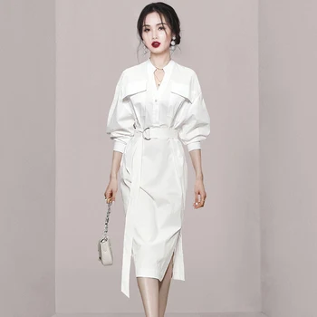 Chic De Moda Outono Camisa Branca Vestido Elegante Das Mulheres De Pescoço De V Batwing Manga Senhoras Lace Up Office Solta Cintura Dividir Vestidos Midi