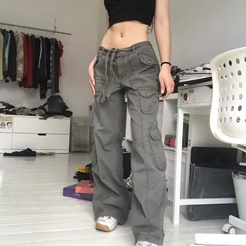 Retro cinza macacão jeans de moda feminina novo estilo de calças de senhora sexy cintura baixa solto e casual calças vintage streetwear