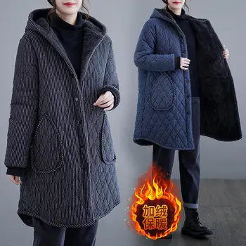 Lã de grandes dimensões Roupas femininas de Inverno de 2022 Listrado com Capuz Algodão Acolchoado de Veludo Forrado Engrossado Quente Solta Jaqueta Casual T1054