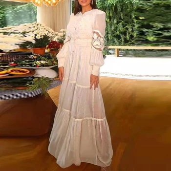 2021 Designer De Moda Outono Vestido Das Mulheres Brancas Único Breasted De Alta Qualidade Vintage Elegante Malha Bordado Senhoras De Vestidos De Festa