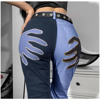Palm jeans skinny feminina outono estilo novo patch bordado da cor do contraste slim cintura alta jeans mulheres queimado calças