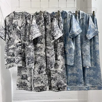 2022 Verão Designer de Mulheres Pijamas Estilo Pantsuit de Impressão de Alta Qualidade de Mangas Curtas, Camisas + Wide-leg Calças de Duas peças de Conjunto C227