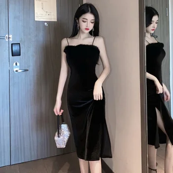 2021 Primavera Verão Veludo Ouro Camisole Vestido das Mulheres de Preto coreano Estilo de Moda Elegante Interior Desgaste da Base de dados de Midi Vestido Bodycon Clube