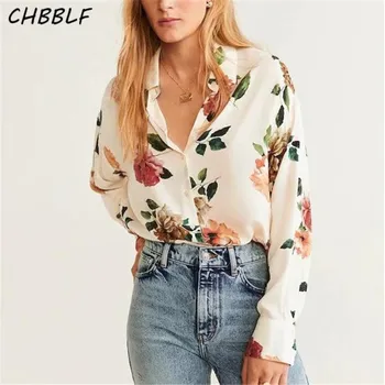 CHBBLF mulheres chiques estampa floral blusa desligar collor de manga longa feminino casual camisa solta superior blusas JUC9063