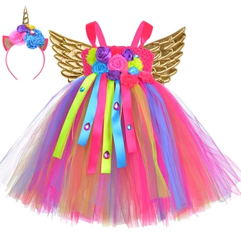 Unicórnio Fantasia para Meninas a Festa de Aniversário de Roupas arco-íris de Flores de Meninas Unicórnio Tutu Vestido de Crianças de Carnaval Halloween Vestido de Princesa
