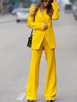 Icclek 2022 Primavera Mulheres Blazers, Calças Conjunto Amarelo Casaco de Tweed Mulheres Pantsuit Chique com Blazer Calça Conjunto de Duas peças de Ternos Formais